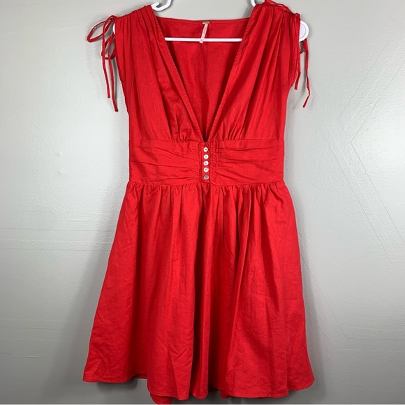 Free People | Red Flare Linen Mini Dress Deep V-cut | Size XS - Picture 2 of 12